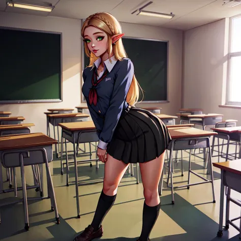 masterpiece, best quality, ultra-detailed, volumetric lighting, best shadow, 1girl, sexy pose, fullbody, standing, small breasts, slim body, (cleavage:0.5), (schoolgirl uniform, tie, long sleeve dress shirt, black pleated skirt, socks), (classroom:1.2), <lora:princess_zelda:0.5>, princess zelda, bangs, blonde hair, green eyes, long hair, pointy ears, ring