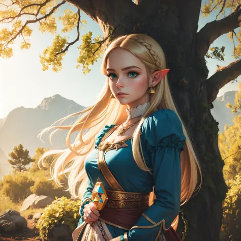 princess zelda, 1girl, bangs, blonde hair, breasts, bridal gauntlets, closed mouth, expressionless, from side, green eyes, highres, jewelry, long hair, long sleeves, nintendo, outdoors, own hands together, pointy ears, ring, small breasts, solo, standing, the legend of zelda, tree, triforce print, upper body, blue shirt and black pants <lora:princess_zelda:0.5>