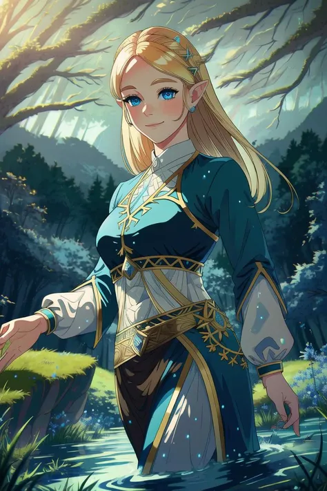 Princess Zelda wears a regal dress adorned with gold accents, and the dress itself is a lovely shade of blue that complements her golden blond hair. Her face is known to light up the room upon entering, as her presence brings comfort and hope to those around her. She stands at a medium height, and her golden blond hair is styled elegantly. ((She walks confidently through an open valley, with tall trees standing tall against the backdrop of the sky.)) Best quality, 8k, masterpiece 1girl, beautiful, ((camel toe:1,4)), (breasts:1,5), (ass:1.5)