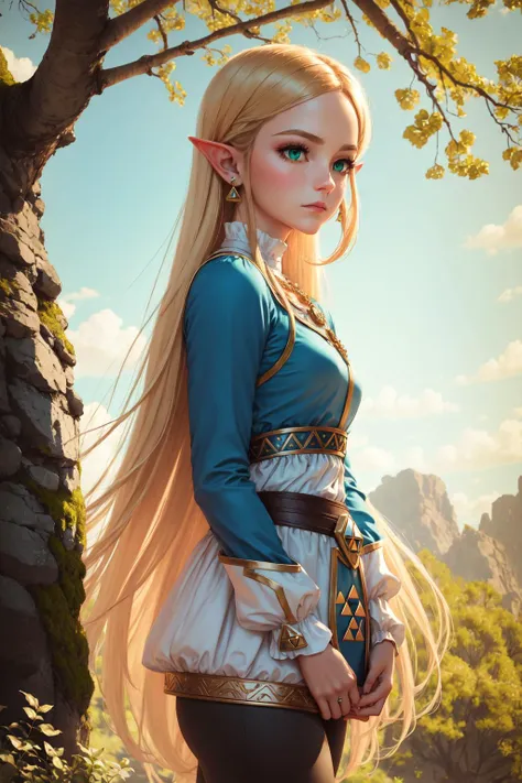 princess zelda, 1girl, bangs, blonde hair, breasts, bridal gauntlets, closed mouth, expressionless, from side, green eyes, highres, jewelry, long hair, long sleeves, nintendo, outdoors, own hands together, pointy ears, ring, small breasts, solo, standing, the legend of zelda, tree, triforce print, upper body, blue shirt and black pants <lora:princess_zelda:0.5>