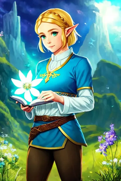 princess zelda, 1girl, artist request, belt, blonde hair, blue shirt, book, boots, expressionless, full body, green eyes, highres, looking at viewer, magic, nintendo, pants, pointy ears, shirt, short hair, simple background, solo, the legend of zelda, the legend of zelda: breath of the wild, the legend of zelda: tears of the kingdom, flower made of light, magic