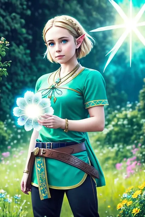 princess zelda, 1girl, artist request, belt, blonde hair, blue shirt, book, boots, expressionless, full body, green eyes, highres, looking at viewer, magic, nintendo, pants, pointy ears, shirt, short hair, simple background, solo, the legend of zelda, the legend of zelda: breath of the wild, the legend of zelda: tears of the kingdom, flower made of light, magic