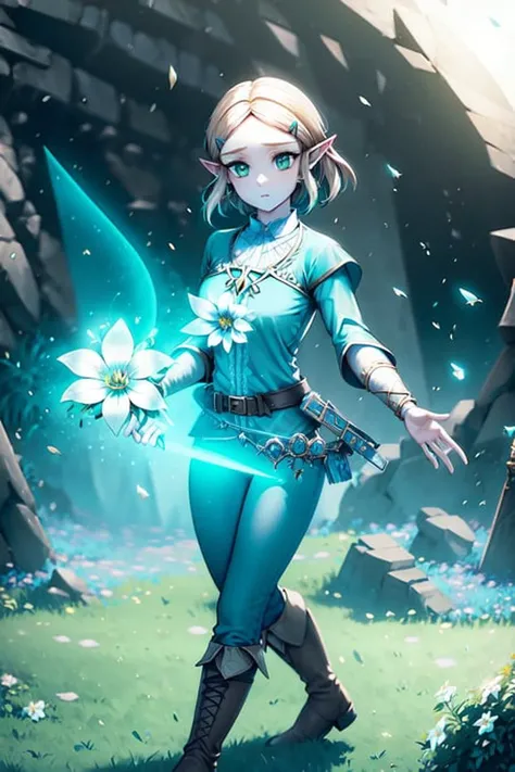 princess zelda, 1girl, artist request, belt, blonde hair, blue shirt, book, boots, expressionless, full body, green eyes, highres, looking at viewer, magic, nintendo, pants, pointy ears, shirt, short hair, simple background, solo, the legend of zelda, the legend of zelda: breath of the wild, the legend of zelda: tears of the kingdom, flower made of light, magic