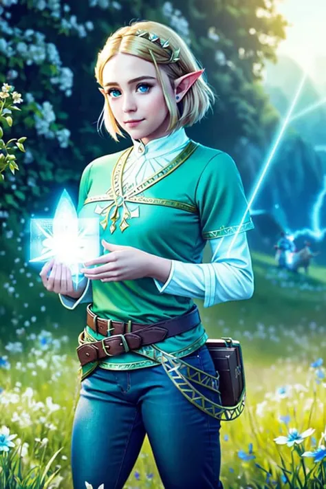 princess zelda, 1girl, artist request, belt, blonde hair, blue shirt, book, boots, expressionless, full body, green eyes, highres, looking at viewer, magic, nintendo, pants, pointy ears, shirt, short hair, simple background, solo, the legend of zelda, the legend of zelda: breath of the wild, the legend of zelda: tears of the kingdom, flower made of light, magic
