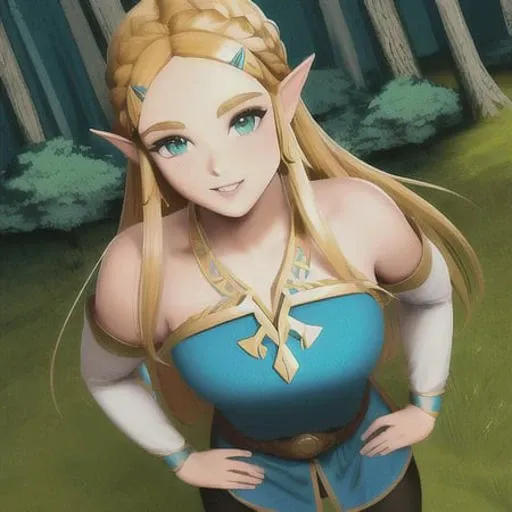 princess zelda, the legend of zelda, the legend of zelda: breath of the wild, highres, 1girl, absurdres, smiling, green eyes, standing, jewelry, long hair, medium breasts, bangs, parted bangs, parted lips, sidelocks , solo, strapless, looking at viewer, hands on hips, ground shot, low angle shot, bottom-top angle, in the forest, Hyrule forest, trees, thick eyebrows, blue shirt, pants, triforce, realistic <lora:princessZeldaLora_v1:0.6>