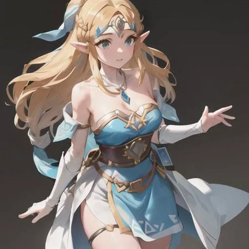 princess zelda, the legend of zelda, the legend of zelda: breath of the wild, highres, 1girl, bangs, bare shoulders, black background, bracer, breasts, cowboy shot, dress, gold necklace, green eyes, jewelry, long dress, long hair, looking up, medium breasts, necklace, parted bangs, parted lips, pointy ears, sidelocks , solo, strapless, strapless dress, thick eyebrows, triforce, white dress