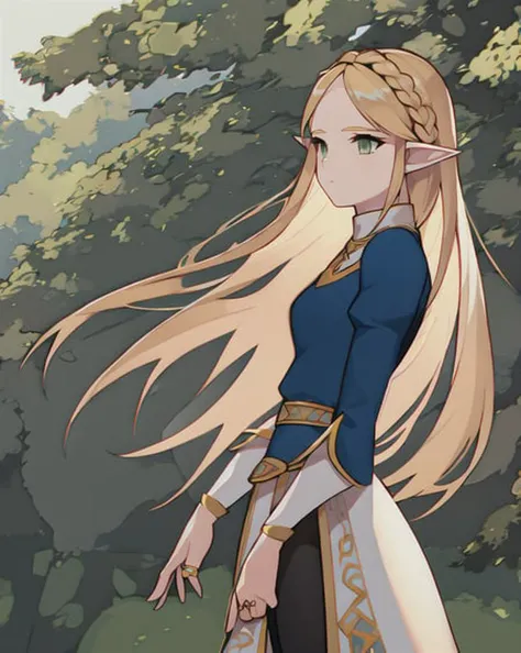 masterpiece, princess zelda, 1girl, bangs, blonde hair, breasts, bridal gauntlets, closed mouth, expressionless, from side, green eyes, highres, jewelry, long hair, long sleeves, nintendo, outdoors, own hands together, pointy ears, ring, small breasts, solo, standing, the legend of zelda, tree, triforce print, upper body, blue shirt and black pants