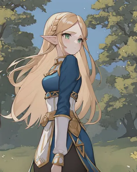masterpiece, princess zelda, 1girl, bangs, blonde hair, breasts, bridal gauntlets, closed mouth, expressionless, from side, green eyes, highres, jewelry, long hair, long sleeves, nintendo, outdoors, own hands together, pointy ears, ring, small breasts, solo, standing, the legend of zelda, tree, triforce print, upper body, blue shirt and black pants