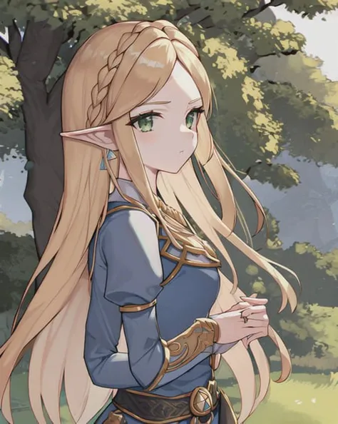 masterpiece, princess zelda, 1girl, bangs, blonde hair, breasts, bridal gauntlets, closed mouth, expressionless, from side, green eyes, highres, jewelry, long hair, long sleeves, nintendo, outdoors, own hands together, pointy ears, ring, small breasts, solo, standing, the legend of zelda, tree, triforce print, upper body, blue shirt and black pants