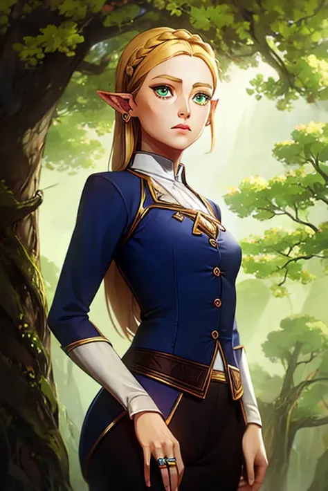 arcane style, princess zelda, facing viewer, 1girl, (half crown braid), bangs, blonde hair, breasts, bridal gauntlets, closed mouth, expressionless, green eyes, highres, jewelry, long hair, long sleeves, nintendo, outdoors, pointy ears, ring, small breasts, solo, standing, the legend of zelda, tree, triforce print, upper body, blue shirt and black pants, <lora:Style_Arcane_offset:1>, <lora:Char_Zelda-v1:0.6>