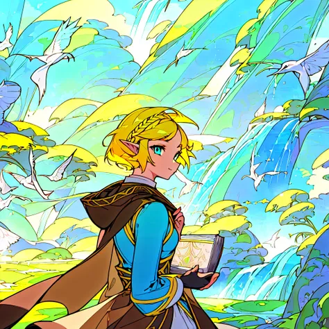 Masterpiece, anime style, best quality, perfect quality, perfect face, perfect eyes, green eyes, (hyper-detailed eyes), perfect face, elf ears, (one girl only:1.2), (full body in view:1.4), (full body:1.2), (centered body:1.2), princess zelda, (short hair:1.1), braid, (yellow hair:1.3), (closed mouth smile;1.2), (holding closed book in both hands:1.5), (brown cape:1.2), (hyper-detailed clothing:1.3), (hyper-detailed eyes:1.4), , stone ruins in the background, (hyper-detailed environment:1.4), flowers, trees, (hyper-detailed trees:1.3), (hyper-detailed flowers:1.2), waterfall, (hyper-detailed waterfall:1.1), (hyper-detailed background:1.4), perfect landscape, (hyper-detailed landscape:1.3), (hyper-detailed fauna), (masterpiece drawn environment:1.2), sunny sky, (hyper-detailed sky:1.3), (windy:1.2), (light color palatte:1.3), (perfect contrasting colors:1.1), (saturated colors:1.03), perfect shading, perfect shadows, birds in the sky, perfect strokes, sharp strokes