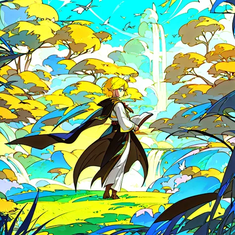Masterpiece, anime style, best quality, perfect quality, perfect face, perfect eyes, green eyes, (hyper-detailed eyes), perfect face, elf ears, (one girl only:1.2), (full body in view:1.4), (full body:1.2), (centered body:1.2), princess zelda, (short hair:1.1), braid, (yellow hair:1.3), (closed mouth smile;1.2), (holding closed book in both hands:1.5), (brown cape:1.2), (hyper-detailed clothing:1.3), (hyper-detailed eyes:1.4), , stone ruins in the background, (hyper-detailed environment:1.4), flowers, trees, (hyper-detailed trees:1.3), (hyper-detailed flowers:1.2), waterfall, (hyper-detailed waterfall:1.1), (hyper-detailed background:1.4), perfect landscape, (hyper-detailed landscape:1.3), (hyper-detailed fauna), (masterpiece drawn environment:1.2), sunny sky, (hyper-detailed sky:1.3), (windy:1.2), (light color palatte:1.3), (perfect contrasting colors:1.1), (saturated colors:1.03), perfect shading, perfect shadows, birds in the sky, perfect strokes, sharp strokes