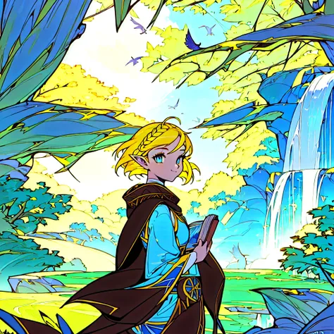Masterpiece, anime style, best quality, perfect quality, perfect face, perfect eyes, green eyes, (hyper-detailed eyes), perfect face, elf ears, (one girl only:1.2), (full body in view:1.4), (full body:1.2), (centered body:1.2), princess zelda, (short hair:1.1), braid, (yellow hair:1.3), (closed mouth smile;1.2), (holding closed book in both hands:1.5), (brown cape:1.2), (hyper-detailed clothing:1.3), (hyper-detailed eyes:1.4), , stone ruins in the background, (hyper-detailed environment:1.4), flowers, trees, (hyper-detailed trees:1.3), (hyper-detailed flowers:1.2), waterfall, (hyper-detailed waterfall:1.1), (hyper-detailed background:1.4), perfect landscape, (hyper-detailed landscape:1.3), (hyper-detailed fauna), (masterpiece drawn environment:1.2), sunny sky, (hyper-detailed sky:1.3), (windy:1.2), (light color palatte:1.3), (perfect contrasting colors:1.1), (saturated colors:1.03), perfect shading, perfect shadows, birds in the sky,  perfect strokes, sharp strokes