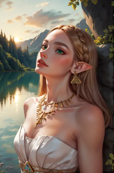 princess zelda, the legend of zelda, the legend of zelda: breath of the wild, highres, 1girl, bangs, bare shoulders, sunrise, bracer, breasts, dress, gold necklace, green eyes, jewelry, long dress, long hair, looking up, medium breasts, necklace, parted bangs, parted lips, pointy ears, sidelocks , solo, strapless, strapless dress, thick eyebrows, (white dress), <lora:zelda:0.7>, <lora:shojovibe_v11:0.5>, thin arms,(blonde hair),ear rings,lake in the background