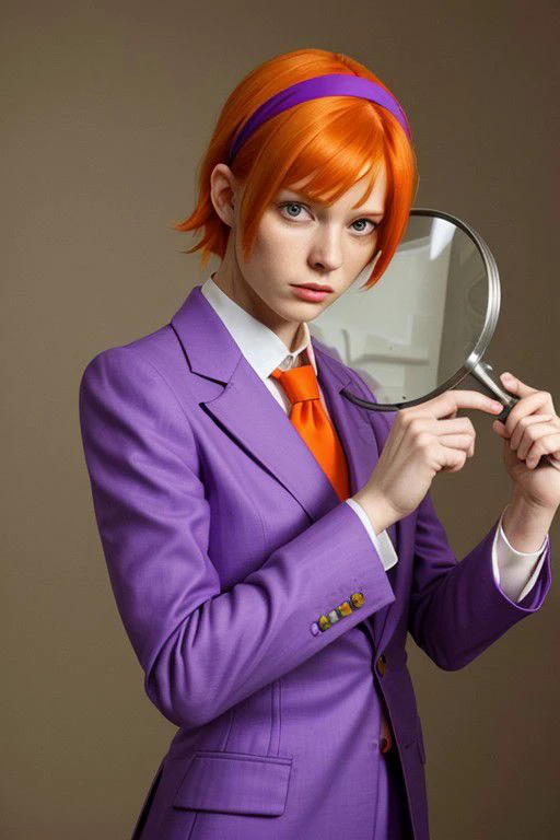 dbv1, orange hair, hairband, wearing a purple suit, holding a magnifying glass looking for clues