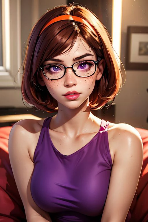 beautiful, masterpiece, best quality, ((adult)), extremely detailed face, perfect lighting, 1girl, solo, photorealistic, hi res, hyperdetailed , ultrarealistic
1girl, brown hair, short hair, breasts, brown eyes, large breasts, lips, makeup, collarbone, lipstick,
velma, rectangular glasses,freckles,red hair
orange hair, hairband, purple dress, short dress, pink pantyhose, purple eyes