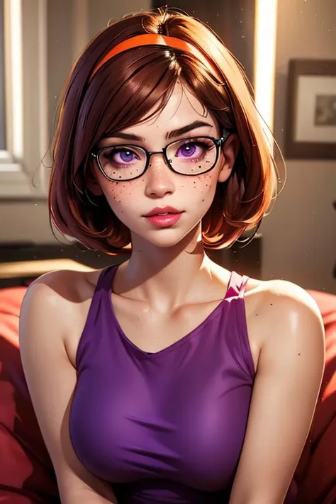 beautiful, masterpiece, best quality, ((adult)), extremely detailed face, perfect lighting, 1girl, solo, photorealistic, hi res, hyperdetailed , ultrarealistic
1girl, brown hair, short hair, breasts, brown eyes, large breasts, lips, makeup, collarbone, lipstick,
 velma, rectangular glasses,freckles,red hair
orange hair, hairband, purple dress, short dress, pink pantyhose, purple eyes