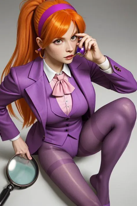 dbv1, orange hair, hairband, wearing a purple suit, pink pantyhose, holding a magnifying glass looking for clues