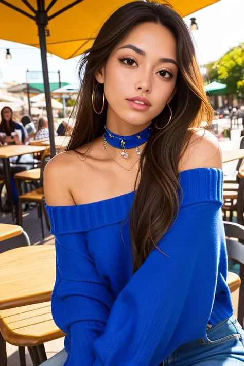 SamRelagado piercing eyes, looking straight,long hair, wearing an off-shoulder sweater, choker, closeup portrait, in a outdoor cafe in 2015, afternoon light<lora:SamRelagado:1.0>