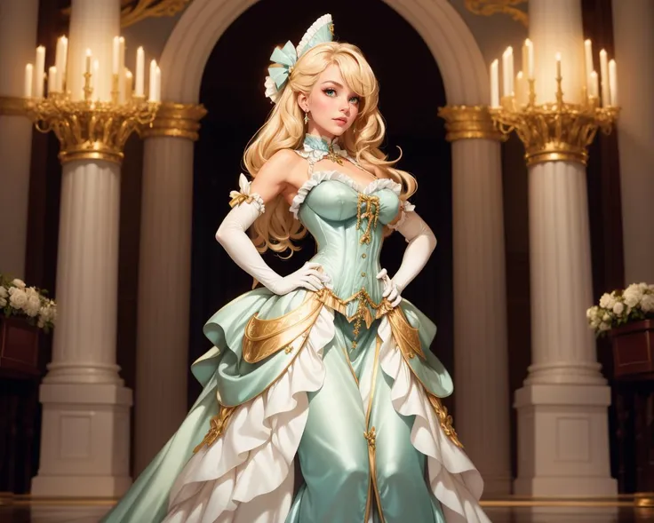 ethereal fantasy concept art of   1girl, solo, beautiful adult woman, age 30, grand hall, Mythra \(xenoblade\), Bright blonde long hair, white and gold dress, glowing green accents,  interior,  jewelry, best quality, high quality,  corset, <lora:BustleFashion:0.7>(german fashion) blue satin dress, frills, long dress, bu5tl3, full body, hands on hips, [profile::1] elbow gloves, mini hat,  . magnificent, celestial, ethereal, painterly, epic, majestic, magical, fantasy art, cover art, dreamy