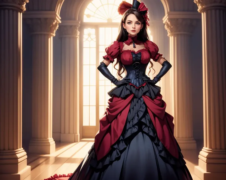 ethereal fantasy concept art of   1girl, solo, beautiful adult woman, age 30, grand hall, Tohsaka Rin \(fate\), Dark hair, red and black mage outfit, jewel accessories, japanese fashion,  interior,  jewelry, best quality, high quality,  corset, <lora:BustleFashion:0.7>(german fashion) blue satin dress, frills, long dress, bu5tl3, full body, hands on hips, [profile::1] elbow gloves, mini hat,  . magnificent, celestial, ethereal, painterly, epic, majestic, magical, fantasy art, cover art, dreamy