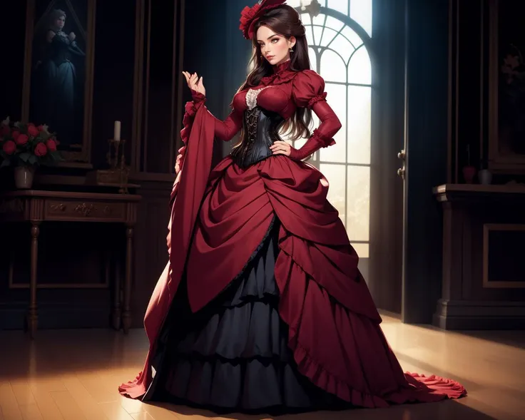 ethereal fantasy concept art of   1girl, solo, beautiful adult woman, age 30, grand hall, Tohsaka Rin \(fate\), Dark hair, red and black mage outfit, jewel accessories, japanese fashion,  interior,  jewelry, best quality, high quality,  corset, <lora:BustleFashion:0.7> frills, long dress, bu5tl3, full body, hands on hips, [profile::3] elbow gloves, mini hat,  . magnificent, celestial, ethereal, painterly, epic, majestic, magical, fantasy art, cover art, dreamy