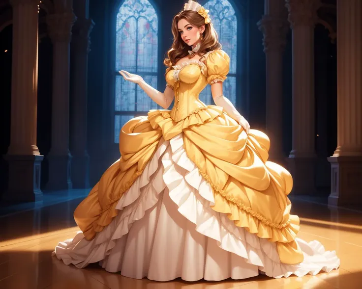 ethereal fantasy concept art of   1girl, solo, beautiful adult woman, age 30, grand hall, Belle \(disney\), Brown styled hair, yellow ballgown, French fashion,  interior,  jewelry, best quality, high quality,  corset, <lora:BustleFashion:0.7> frills, long dress, bu5tl3, full body, hands on hips, [profile::2] elbow gloves, mini hat,  . magnificent, celestial, ethereal, painterly, epic, majestic, magical, fantasy art, cover art, dreamy