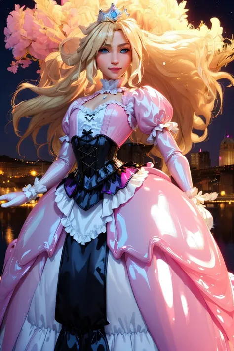 high resolution, masterpiece, high quality, perfect face, (city streets, night time),  <lora:CloudFB-10FFv8:.8>, tall male, Cloud, blonde hair, blue eyes, <lora:BustleFashion:.8>, bu5tl3, (flat chest, pink latex princess gown, tiara, massive pink latex layered skirt), short white gloves, long puffy sleeves, corset, (((extremely glossy))), seductive smile, lipstick, full body