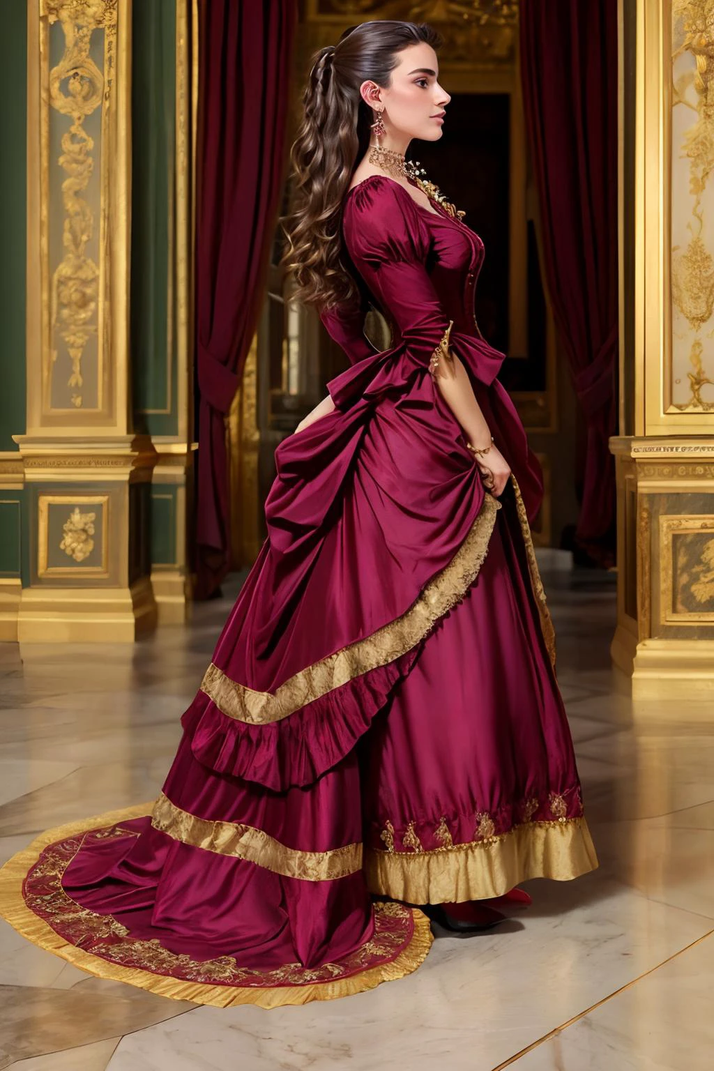 Photo of a beautiful Italian woman, age 20 with shoulder length wavy brunette hair, earrings, in a palace, rich, wearing burgundy Victorian bu5tl3, dress, long dress, full body, profile <lora:breastsizeslideroffset:-.2> <lora:BustleFashion:.8>