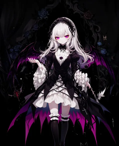 masterpiece, best quality, 8K, sumikakushi, limited palette, , [solo, standing], full body, suigintou, hairband, [[white hair]], detached collar, glowing purple eyes, black wings, black dress, juliet sleeves, cross, cross-laced dress, knee boots, , [sparkle], contrast, [glint|radiance], trending on pixiv, [see-through], mystical, [bare tree, ominous, gothic, rose], dark theme
<lora:SuigintouV4_1-000014-32:1> <lora:[LoConLoRA] Sumikakushi  å¢¨é ã  ãã¿ããã Style (With HD dataset & multires noise version):0.75>  <lora:Sheya_style_v01.10.10.01:0.7> <lora:1.5offset_noise-Lite:1>   <lora:hotarucontrast_v100:0.3>