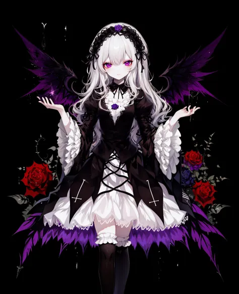 masterpiece, best quality, 8K, sumikakushi, limited palette, , [solo, standing], full body, suigintou, hairband, [[white hair]], detached collar, glowing purple eyes, black wings, black dress, juliet sleeves, cross, cross-laced dress, knee boots, , [sparkle], contrast, [glint|radiance], trending on pixiv, [see-through], mystical, [bare tree, ominous, gothic, rose], dark theme
<lora:SuigintouV4_1-000014-32:1> <lora:[LoConLoRA] Sumikakushi  å¢¨é ã  ãã¿ããã Style (With HD dataset & multires noise version):0.75>  <lora:Sheya_style_v01.10.10.01:0.7> <lora:1.5offset_noise-Lite:1>   <lora:hotarucontrast_v100:0.3>