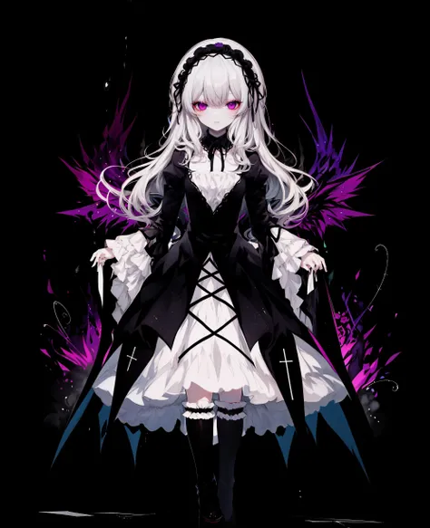 masterpiece, best quality, 8K, sumikakushi, limited palette, , [solo, standing], full body, suigintou, hairband, [[white hair]], detached collar, glowing purple eyes, black wings, black dress, juliet sleeves, cross, cross-laced dress, knee boots, , [sparkle], contrast, [glint|radiance], trending on pixiv, [see-through], mystical, [bare tree, ominous, gothic, rose], dark theme
<lora:SuigintouV4_1-000014-32:1> <lora:[LoConLoRA] Sumikakushi  å¢¨é ã  ãã¿ããã Style (With HD dataset & multires noise version):0.75>  <lora:Sheya_style_v01.10.10.01:0.7> <lora:1.5offset_noise-Lite:1>   <lora:hotarucontrast_v100:0.2>