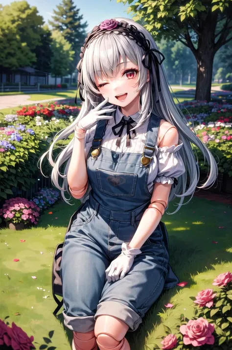 (masterpiece, best quality, detailed, highres), 1girl, solo, outdoors, garden, rose, grass, sunlight, day, blue sky, butterfly,
suigintou, overalls, white shirt, short sleeves, white gloves, doll joints, one eye closed, smile, open mouth, looking at viewer, XXXXXX headband
<lora:SuigintouV4_1-000014:1> <lora:more_details:0.5>