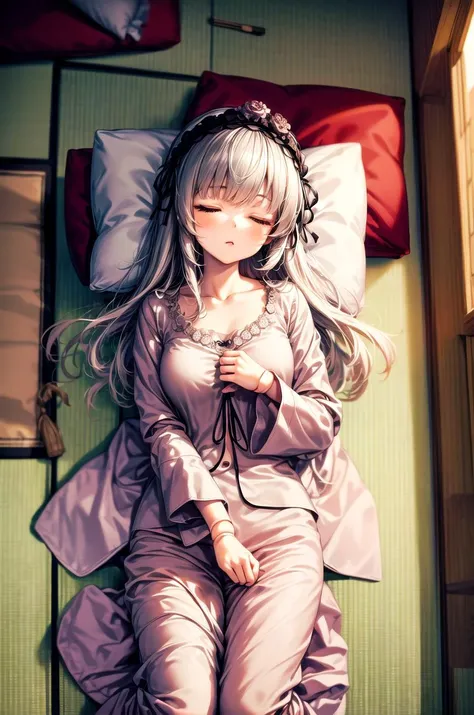 (masterpiece, best quality, detailed, highres), 1girl, solo, indoors, tatami, from above,
suigintou, XXXXXX hairband, pajamas, sleepy, nightcap, doll joints
 <lora:SuigintouV4_1-000014:1> <lora:more_details:0.5>