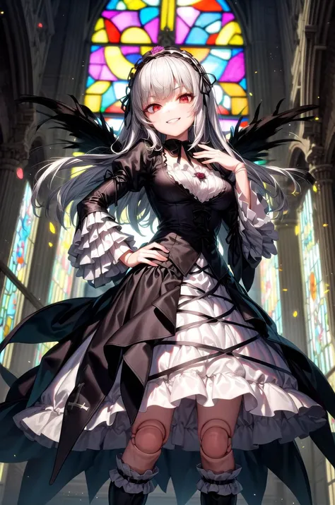 (masterpiece, best quality, detailed, highres), 1girl, solo, indoors, church, stained glass, window, sunlight, hand on hip, evil smile, from below, looking at viewer,
suigintou, XXXXXX fashion, XXXXXX hairband, black dress, frills, black wings, knee boots, detached collar, cross, juliet sleeves, cross-laced dress, doll joints
 <lora:SuigintouV4_1-000014:1> <lora:more_details:0.5>