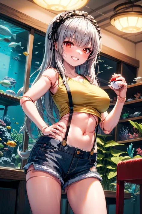 (masterpiece, best quality, detailed, highres), 1girl, solo, indoors, aquarium, fish, jellyfish, bubble, scenery, grin, hand on hip,
suigintou, XXXXXX hairband, suspenders, midriff, denim shorts, short shorts, yellow shirt, sleeveless, crop top, doll joints, pokeball, holding pokeball
<lora:SuigintouV4_1-000014:1> <lora:more_details:0.5>