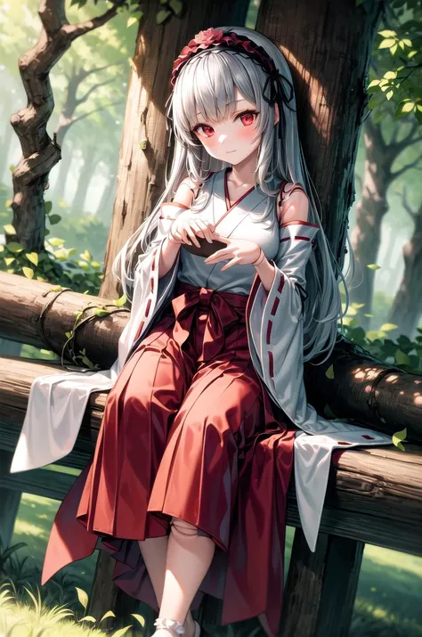 (masterpiece, best quality, detailed, highres), 1girl, solo, outdoors, forest, nature, grass, tree, sunlight, light rays, flower, leaf, closed mouth, blush, dutch angle, feet out of frame, standing,
suigintou, XXXXXX hairband, miko, japanese clothes, red hakama, hakama skirt, wide sleeves, white kimono, ribbon trim, doll joints
<lora:SuigintouV4_1-000014-32:1> <lora:more_details:0.5>