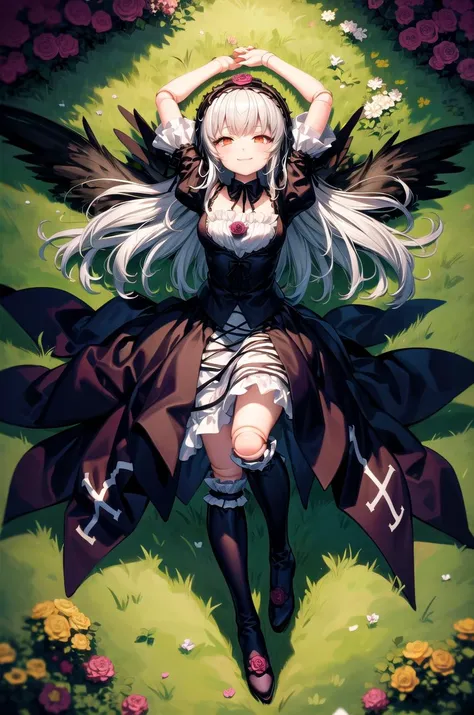 (masterpiece, best quality, detailed, highres), 1girl, solo, outdoors, garden, rose, grass, night, lying, from above, full body, arms up, outstretched arms, looking up, smile, closed mouth,
suigintou, XXXXXX fashion, XXXXXX hairband, black dress, frills, black wings, knee boots, detached collar, (cross), juliet sleeves, cross-laced dress, doll joints
<lora:SuigintouV4_1-000014-32:1> <lora:more_details:0.5>