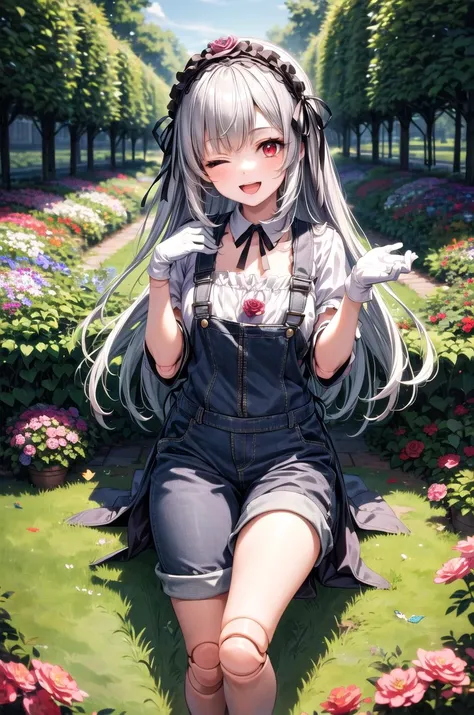 (masterpiece, best quality, detailed, highres), 1girl, solo, outdoors, garden, rose, grass, sunlight, day, blue sky, butterfly,
suigintou, overalls, white shirt, short sleeves, white gloves, doll joints, one eye closed, smile, open mouth, looking at viewer, XXXXXX headband
<lora:SuigintouV4_1-000014-32:1> <lora:more_details:0.5>