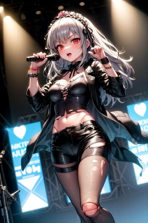 (masterpiece, best quality, detailed, highres), 1girl, solo, stage, stage lights, spotlight, concert, audience, dutch angle, singing, clenched hand, v-shaped eyebrows,
suigintou, XXXXXX hairband, collar, leather jacket, open jacket, (print shirt, clothes writing), bracelet, wristband, spiked bracelet, black shorts, fishnet pantyhose, thigh strap, (doll joints, torn clothes)
<lora:SuigintouV4_1-000014-32:1> <lora:more_details:0.5>