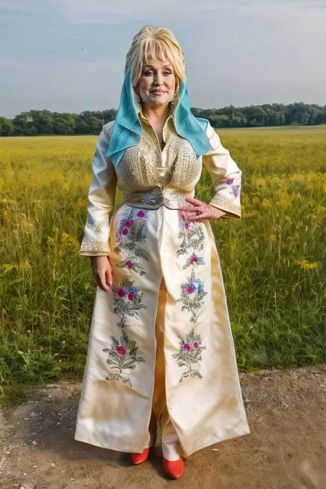 full body portrait, photo of dolly parton wearing an Cornsilk colored egelikadini, 8k uhd, dslr, high quality, at landscape with Trimetric Perspective, Canon EOS-1D X Mark III,<lora:EgeliKadini-10 (3):1> <lora:add_detail:1> <lyco:lyco_humans_v10:1>
