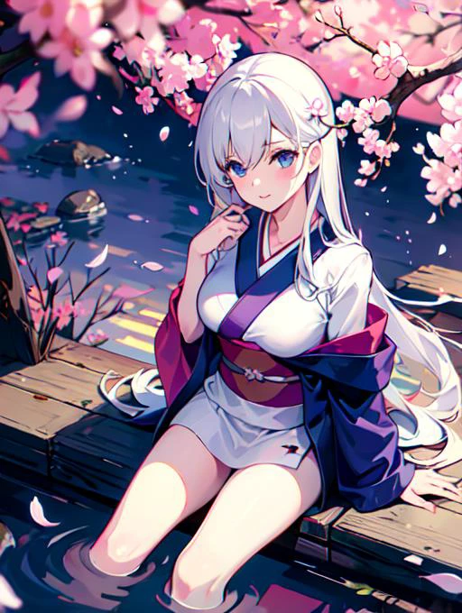 <lora:al_belfast:0.8> belfast, 1girl, kimono, hot spring, cherry blossoms, trees, outside
