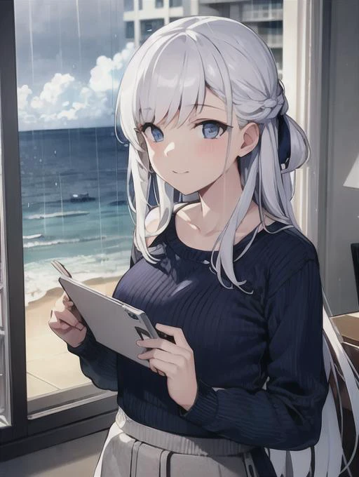 <lora:al_belfast:0.8> belfast, 1girl, knitted sweater, inside, view of ocean out the window, rain, white hair