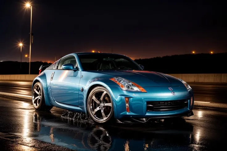 350Z masterpiece,best quality,official art,extremely detailed CG unity 8k wallpaper,illustration, moving, wet, (((NIGHT))),neon lights,drift, <lora:350Z-000003:.8>