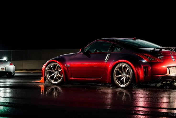 350Z masterpiece,best quality,official art,extremely detailed CG unity 8k wallpaper,illustration, moving, wet, (((NIGHT))),neon lights,drift, <lora:350Z-000003:.8>