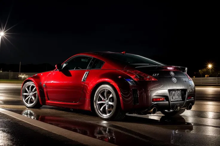 350Z masterpiece,best quality,official art,extremely detailed CG unity 8k wallpaper,illustration, moving, wet, (((NIGHT))),neon lights,drift, <lora:350Z-000003:.8>