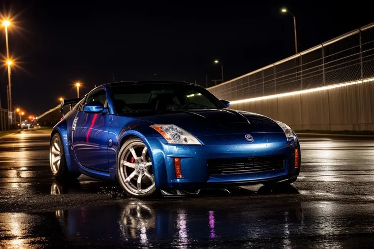 350Z masterpiece,best quality,official art,extremely detailed CG unity 8k wallpaper,illustration, moving, wet, (((NIGHT))),neon lights,drift, <lora:350Z-000003:.8>