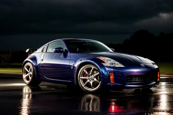 350Z masterpiece,best quality,official art,extremely detailed CG unity 8k wallpaper,illustration, moving, wet, (((NIGHT))),neon lights,drift, <lora:350Z-000003:.8>