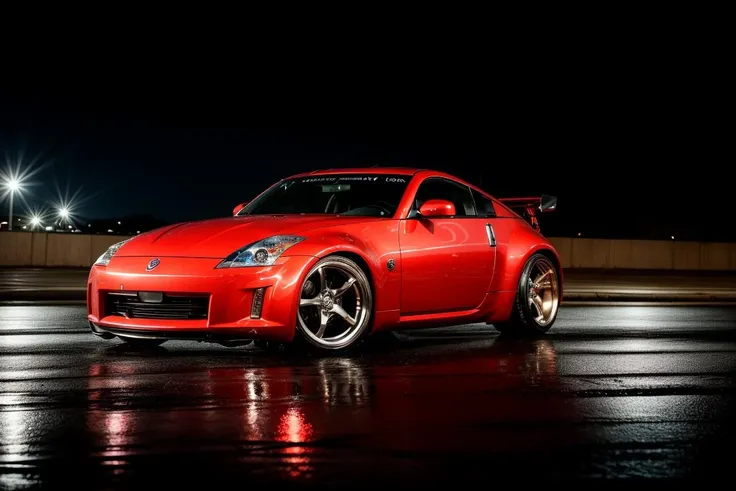 350Z masterpiece,best quality,official art,extremely detailed CG unity 8k wallpaper,illustration, moving, wet, (((NIGHT))),neon lights,drift, <lora:350Z-000003:.8>