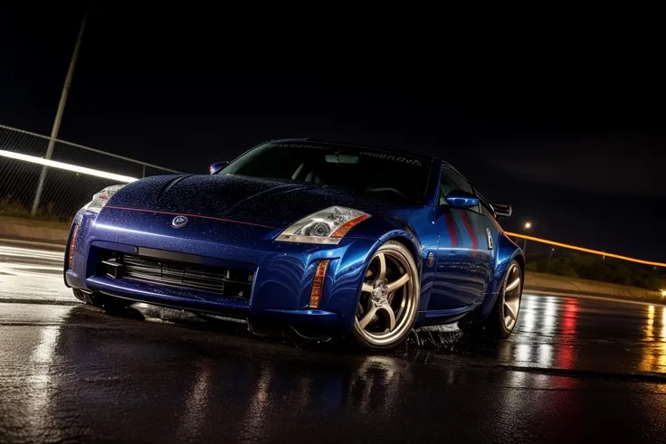 350Z masterpiece,best quality,official art,extremely detailed CG unity 8k wallpaper,illustration, moving, wet, (((NIGHT))),neon lights,drift, <lora:350Z-000003:.8>